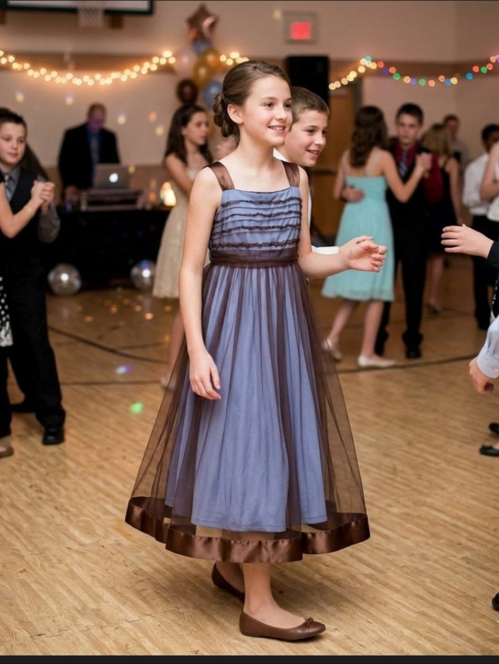 Girls Sz 14 Party Dress Bonnie Jean 2 Layers Tulle Satin Rhinestones Brown & Blu